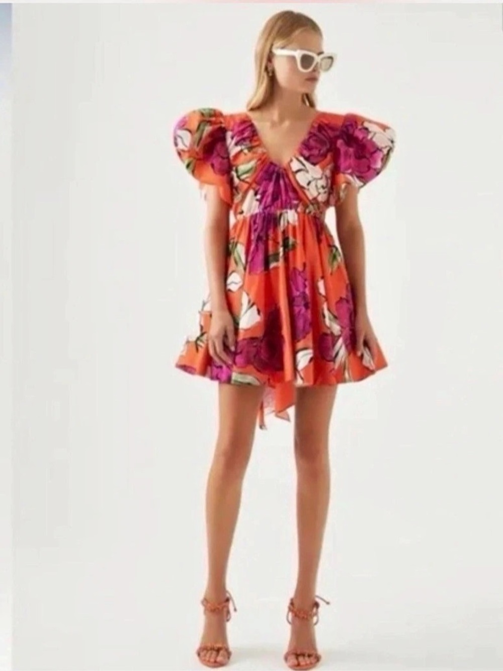 Aje Gretta Bow Back Mini Dress Floral Orange & Pink Size AU 6